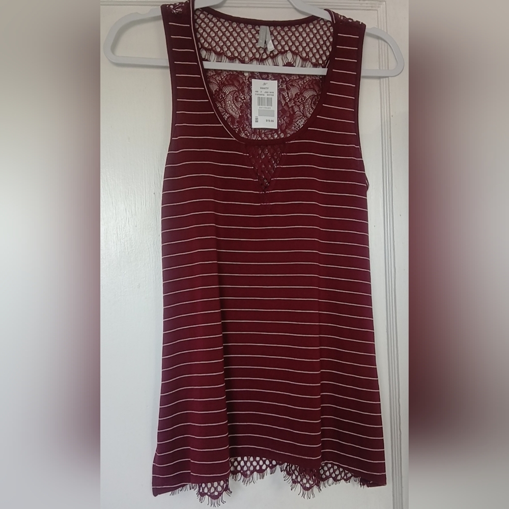 Vanity Burgundy and White Striped Lace Tank Top NWT